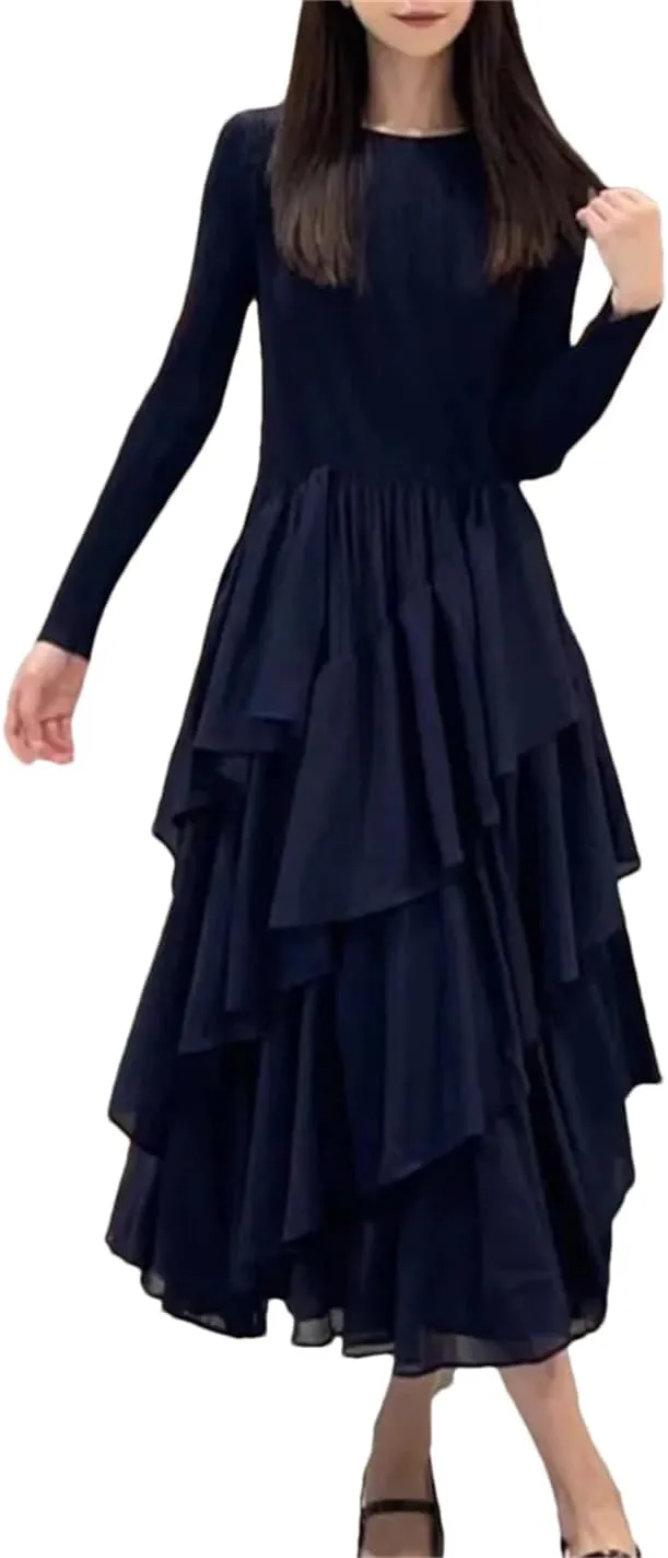 Women's Four Seasons Pleated Maxi Skirt Round Neck Long Sleeve Ruffle A-Line Skirt