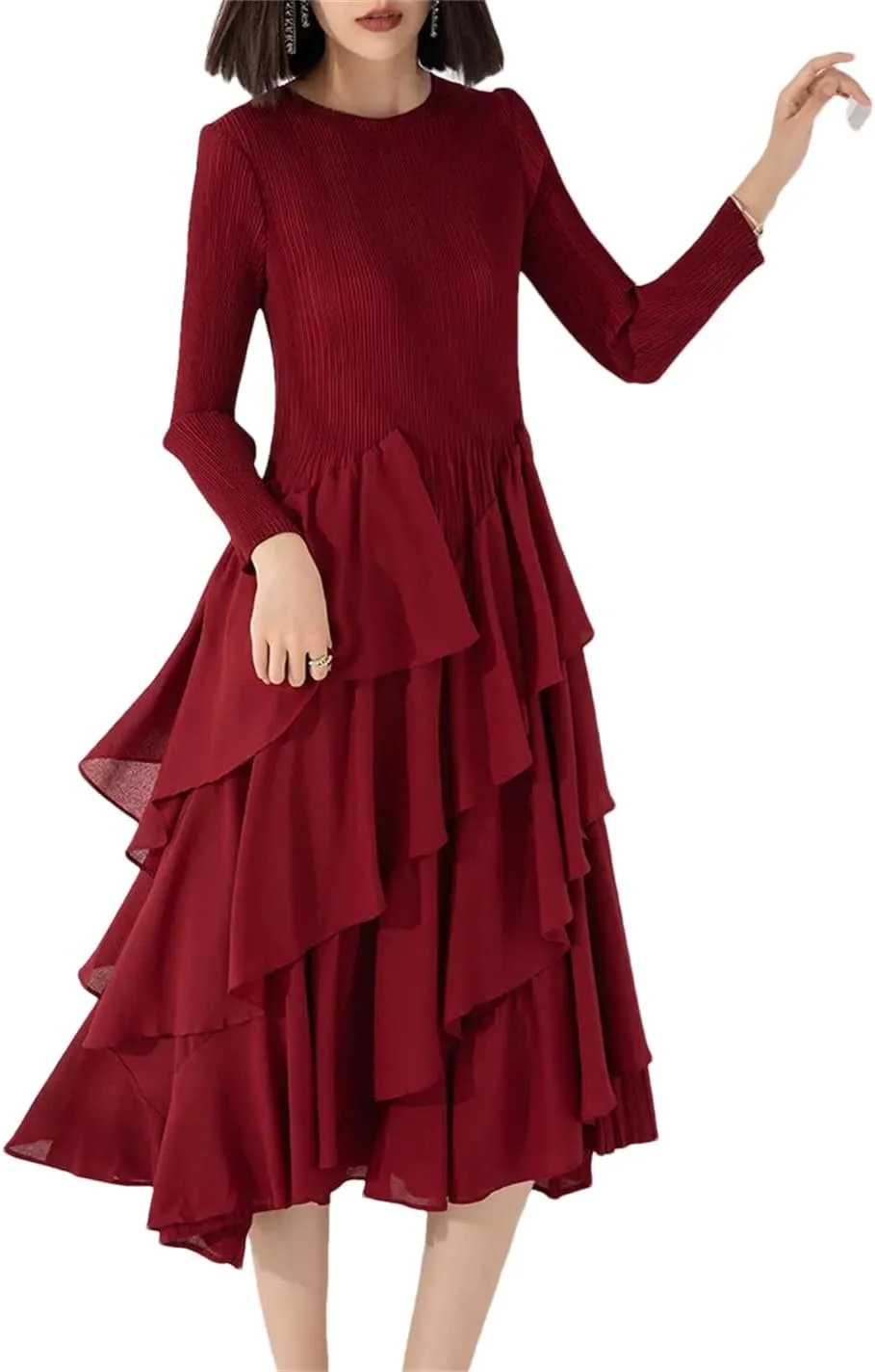 Women's Four Seasons Pleated Maxi Skirt Round Neck Long Sleeve Ruffle A-Line Skirt