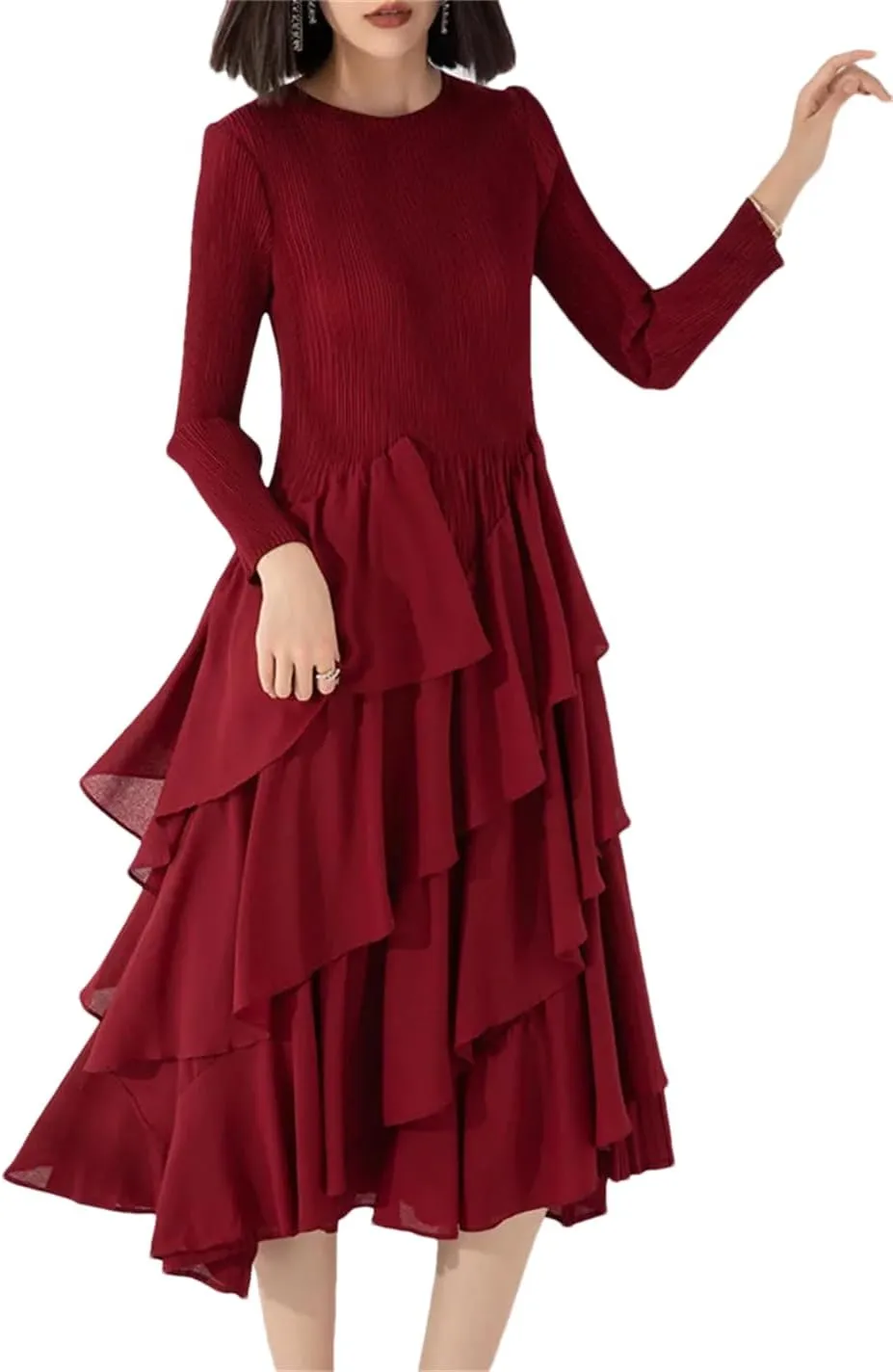 Women's Four Seasons Pleated Maxi Skirt Round Neck Long Sleeve Ruffle A-Line Skirt