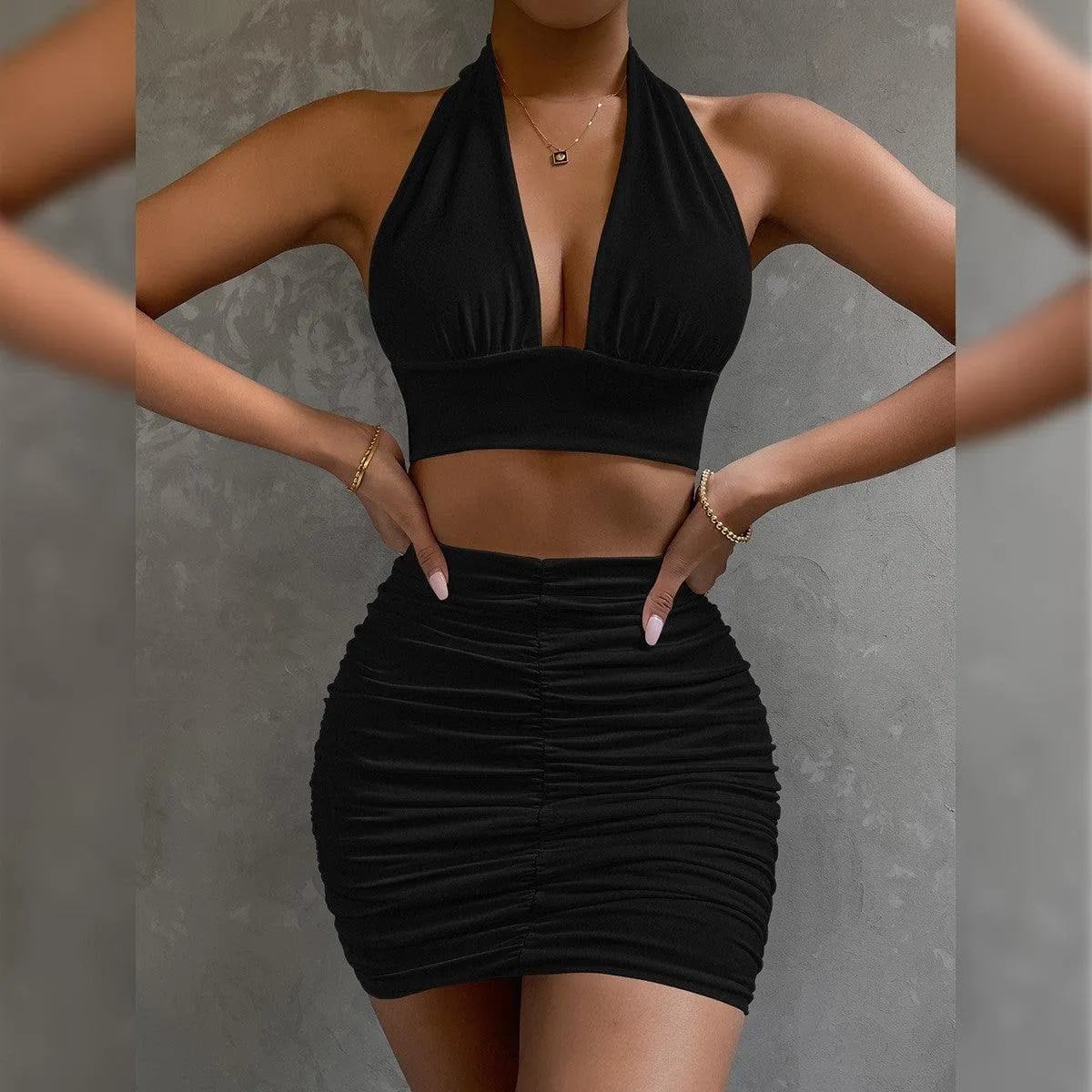 Women's Halter Lace-up Hip Skirt Two-piece Set