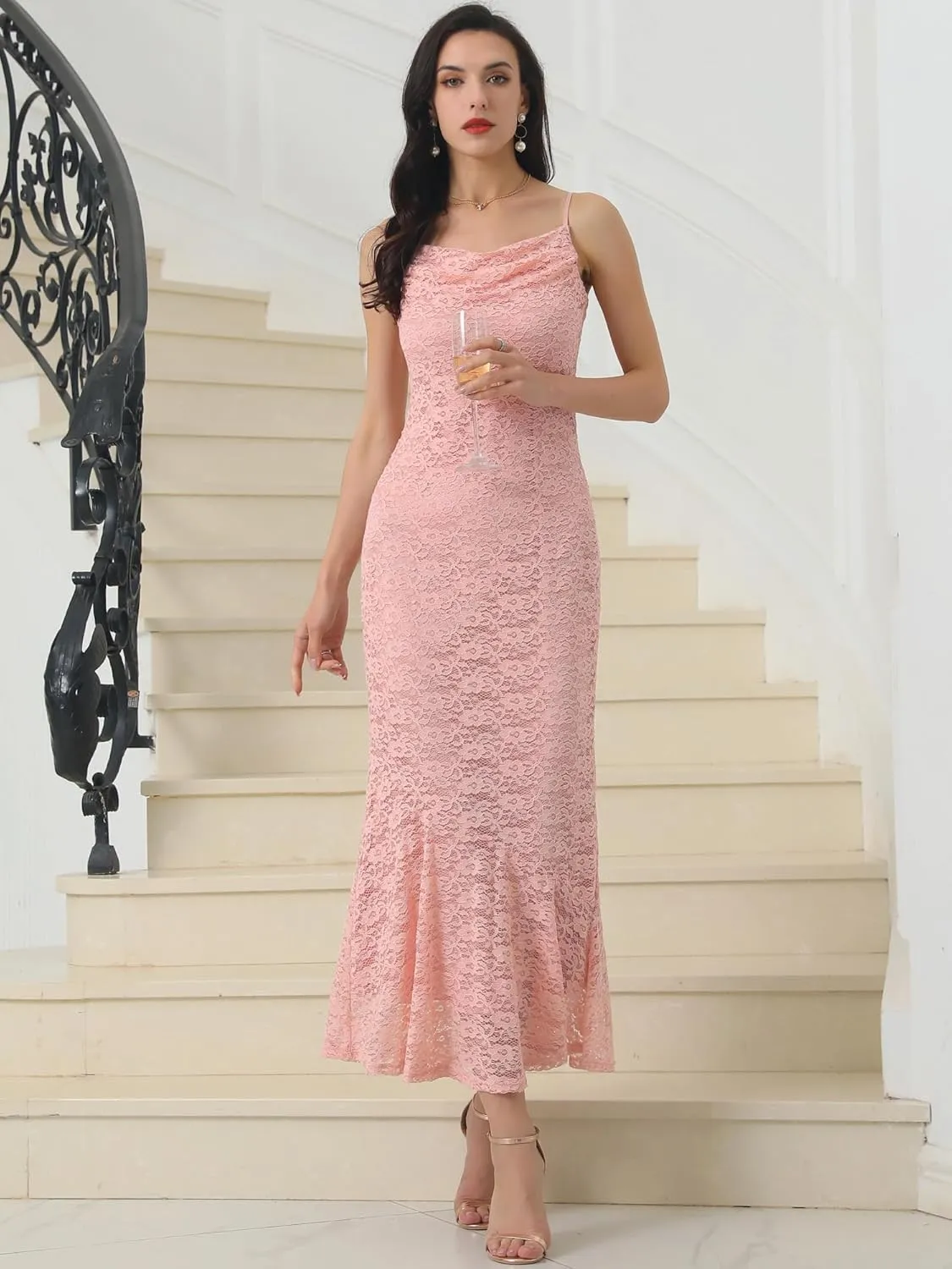 Women's Lace Bodycon Dresses Spaghetti Strap Sexy Cocktail Maxi Dress