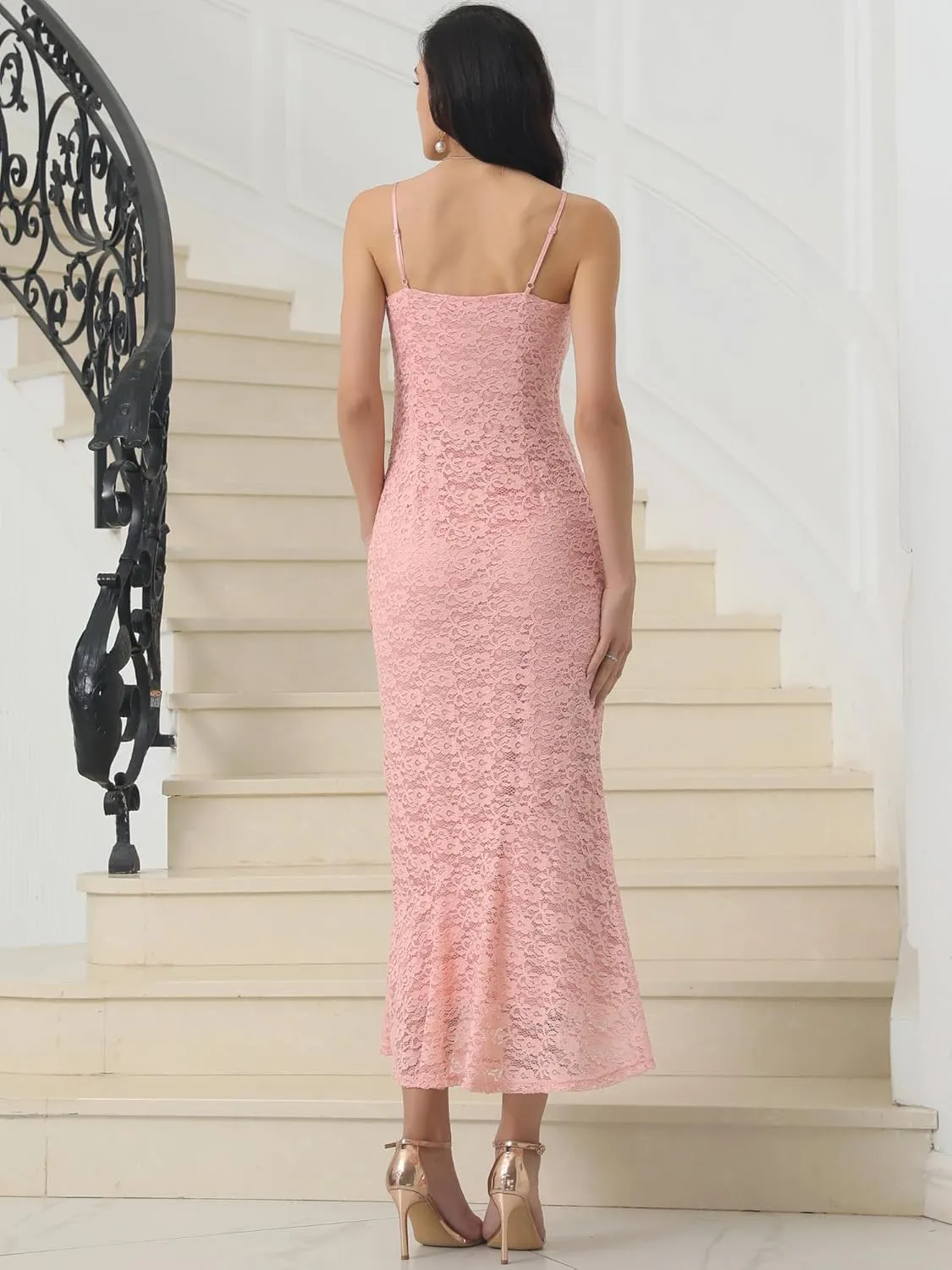 Women's Lace Bodycon Dresses Spaghetti Strap Sexy Cocktail Maxi Dress