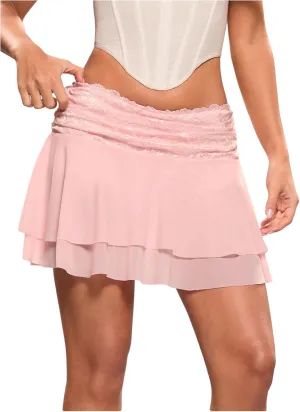 Women's Lace Mesh Y2K Going Out Skirts Layered Ruched Ruffle Low Waist Mini Skirt Coquette Streetwear Skirt Skort