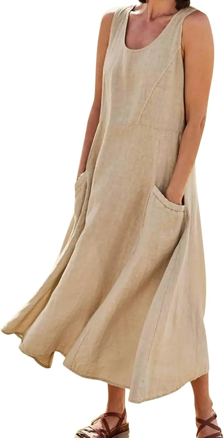 Womens Linen Maxi Dress Sleeveless V Neck Flowy Beach Dresses Summer Casual Loose Sundress Plus Size Boho Dresses with Pocket