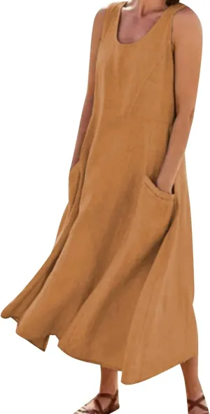 Womens Linen Maxi Dress Sleeveless V Neck Flowy Beach Dresses Summer Casual Loose Sundress Plus Size Boho Dresses with Pocket