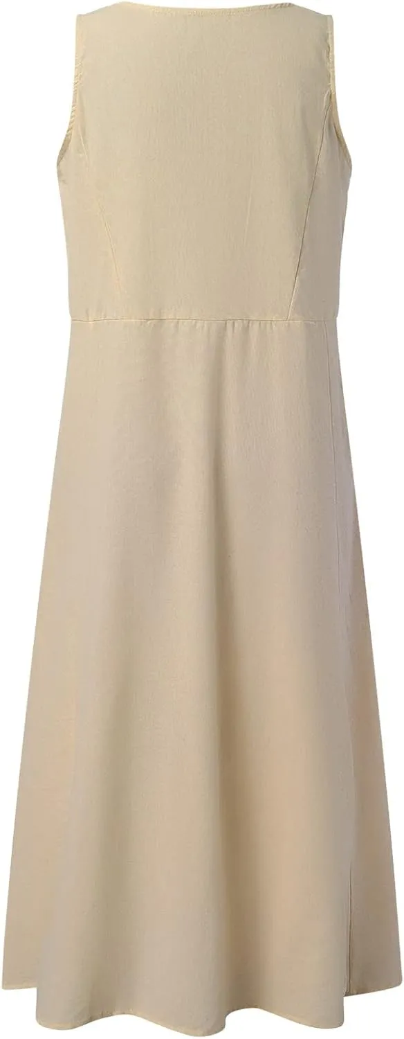 Womens Linen Maxi Dress Sleeveless V Neck Flowy Beach Dresses Summer Casual Loose Sundress Plus Size Boho Dresses with Pocket