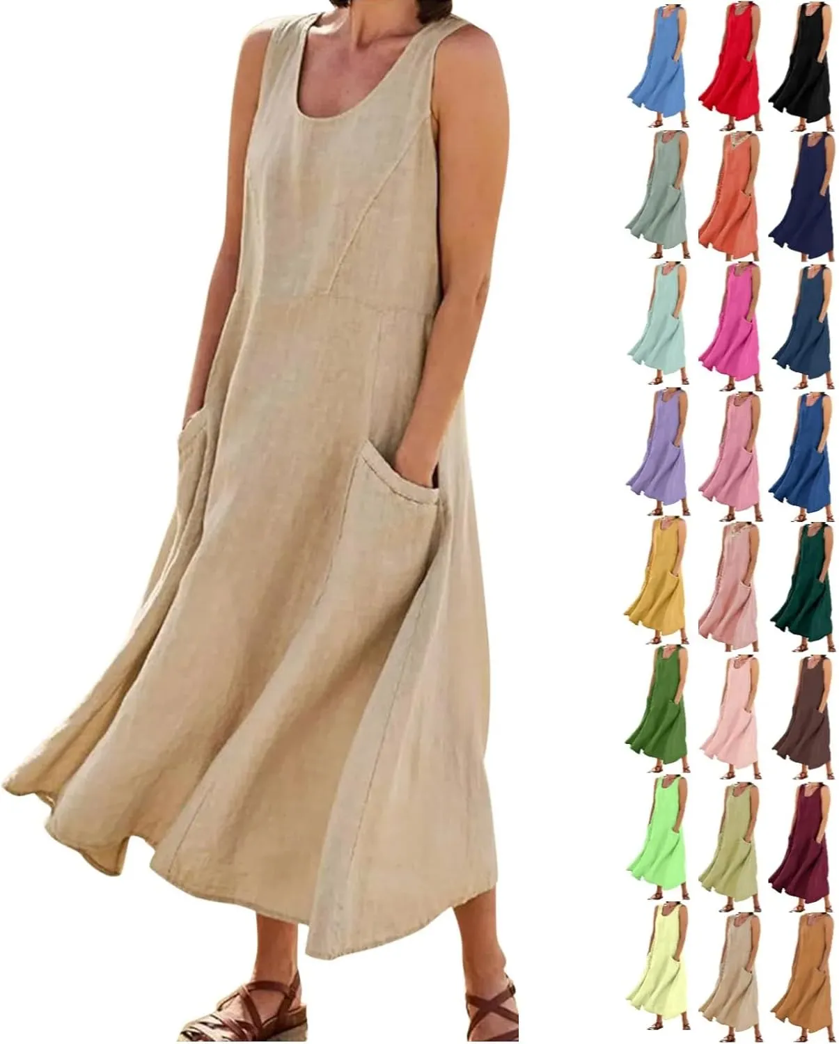 Womens Linen Maxi Dress Sleeveless V Neck Flowy Beach Dresses Summer Casual Loose Sundress Plus Size Boho Dresses with Pocket