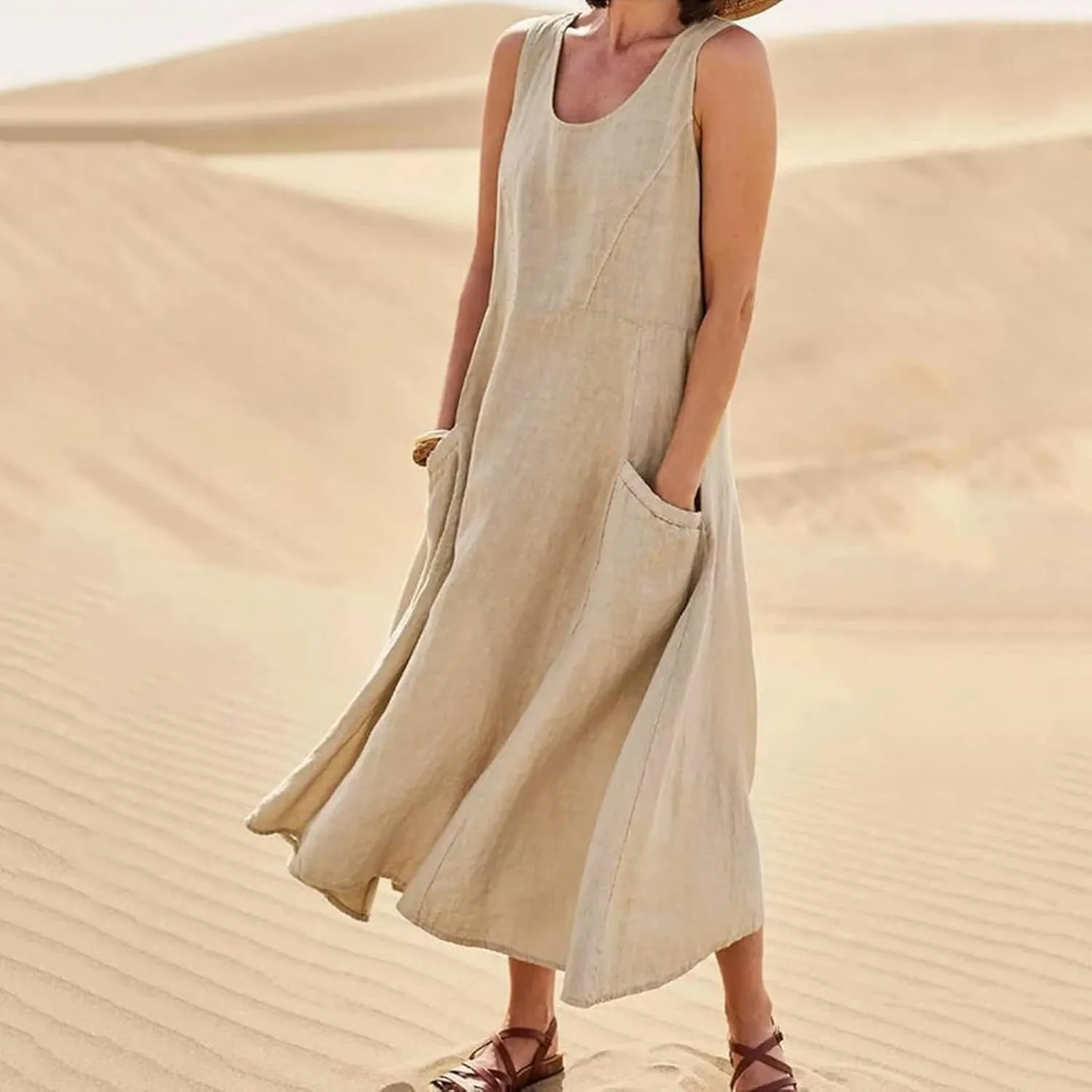 Womens Linen Maxi Dress Sleeveless V Neck Flowy Beach Dresses Summer Casual Loose Sundress Plus Size Boho Dresses with Pocket