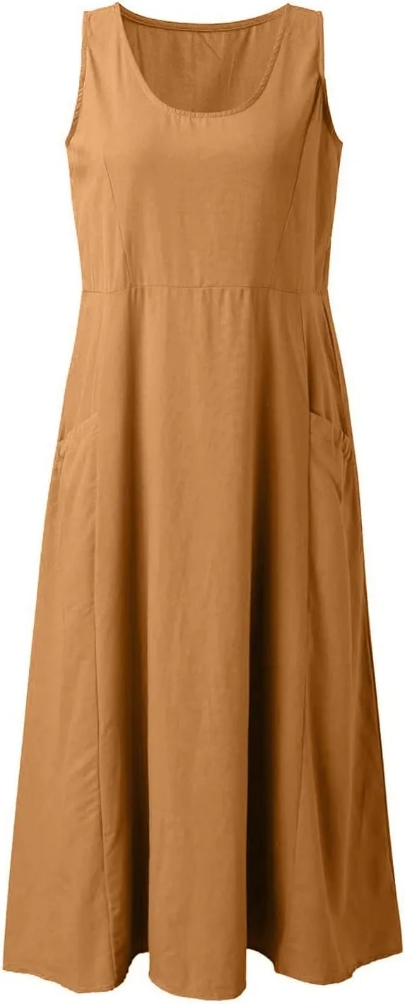 Womens Linen Maxi Dress Sleeveless V Neck Flowy Beach Dresses Summer Casual Loose Sundress Plus Size Boho Dresses with Pocket