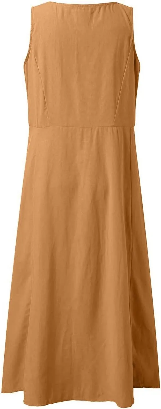 Womens Linen Maxi Dress Sleeveless V Neck Flowy Beach Dresses Summer Casual Loose Sundress Plus Size Boho Dresses with Pocket