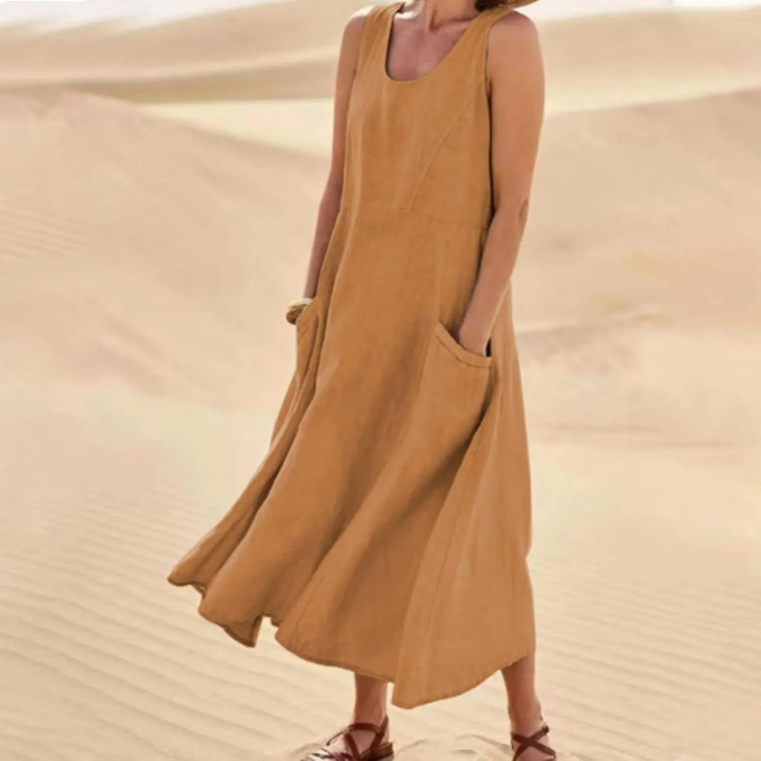 Womens Linen Maxi Dress Sleeveless V Neck Flowy Beach Dresses Summer Casual Loose Sundress Plus Size Boho Dresses with Pocket