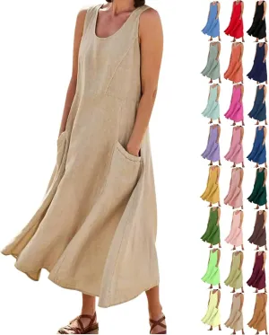 Womens Linen Maxi Dress Sleeveless V Neck Flowy Beach Dresses Summer Casual Loose Sundress Plus Size Boho Dresses with Pocket