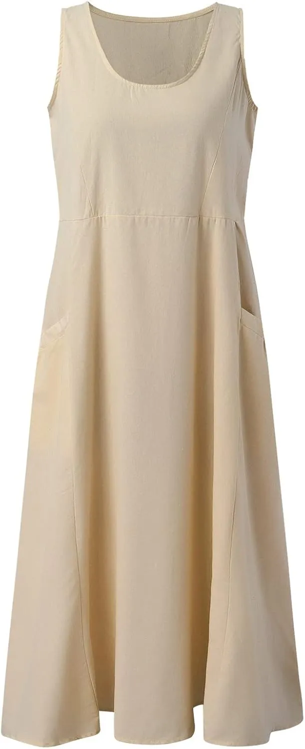 Womens Linen Maxi Dress Sleeveless V Neck Flowy Beach Dresses Summer Casual Loose Sundress Plus Size Boho Dresses with Pocket