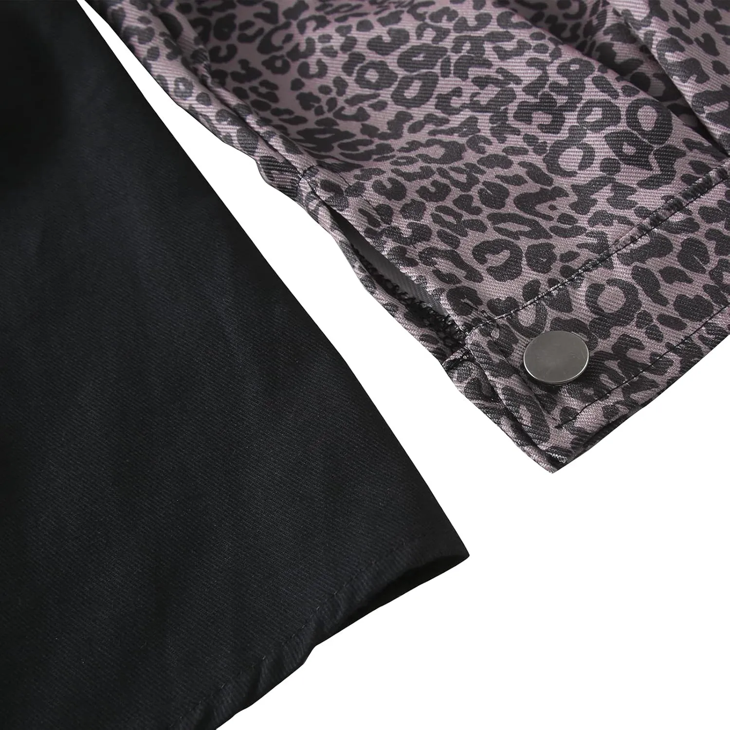 Women's Loose Denim Jackets, Long Sleeve Button Down Leopard Contrast Jean Jacket