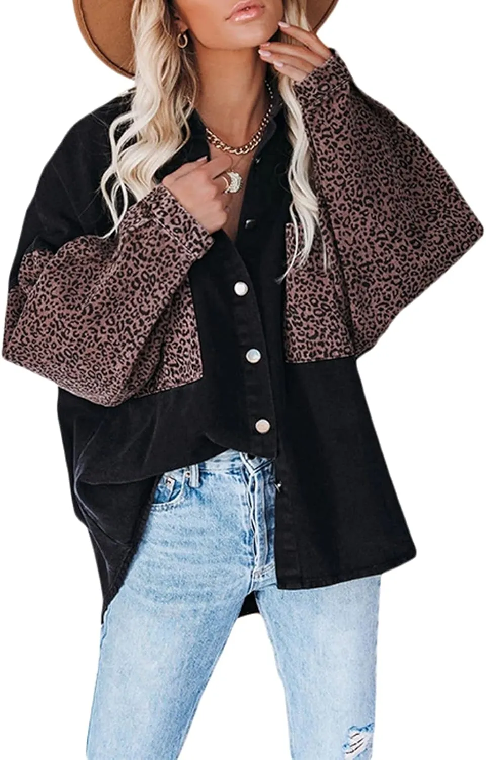 Women's Loose Denim Jackets, Long Sleeve Button Down Leopard Contrast Jean Jacket