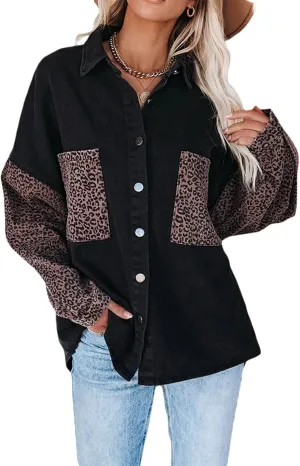 Women's Loose Denim Jackets, Long Sleeve Button Down Leopard Contrast Jean Jacket