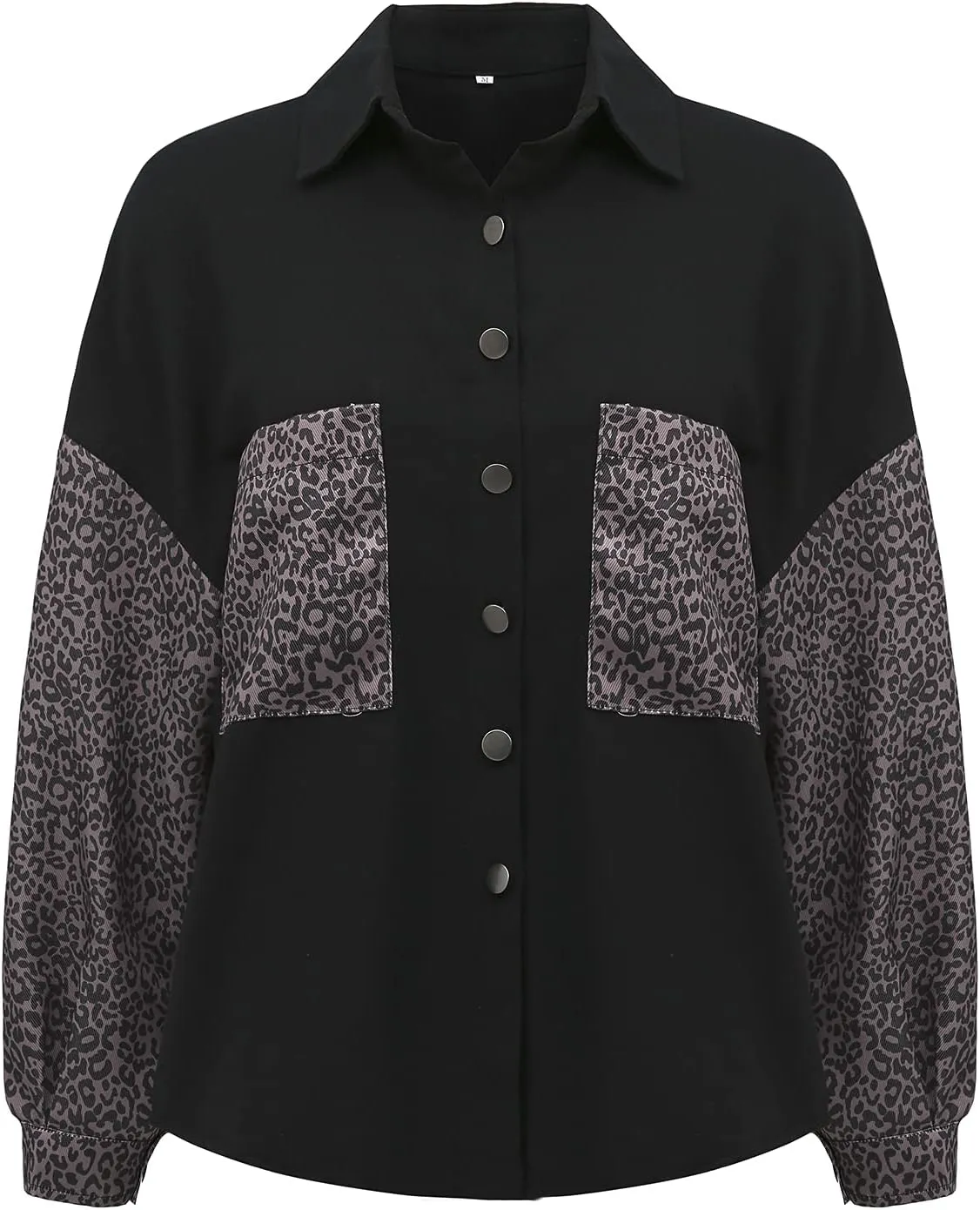 Women's Loose Denim Jackets, Long Sleeve Button Down Leopard Contrast Jean Jacket