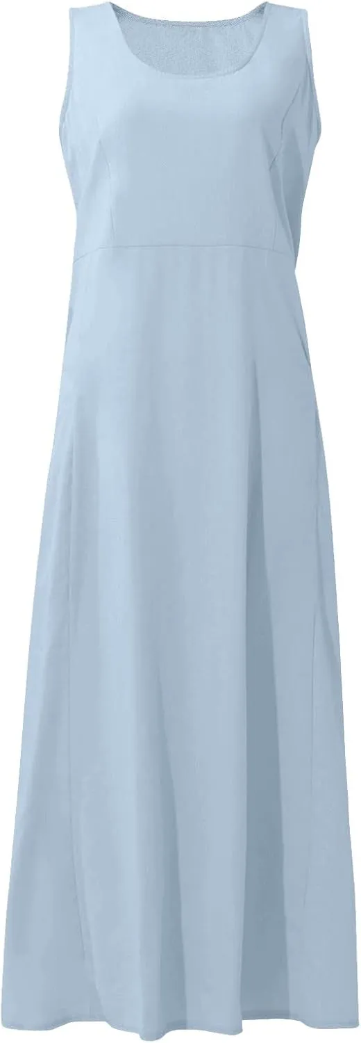 Womens Maxi Dresses Summer Casual Print Boho Cotton Linen Sundress with Pockets Loose Flowy Swing Vacation Long Dress