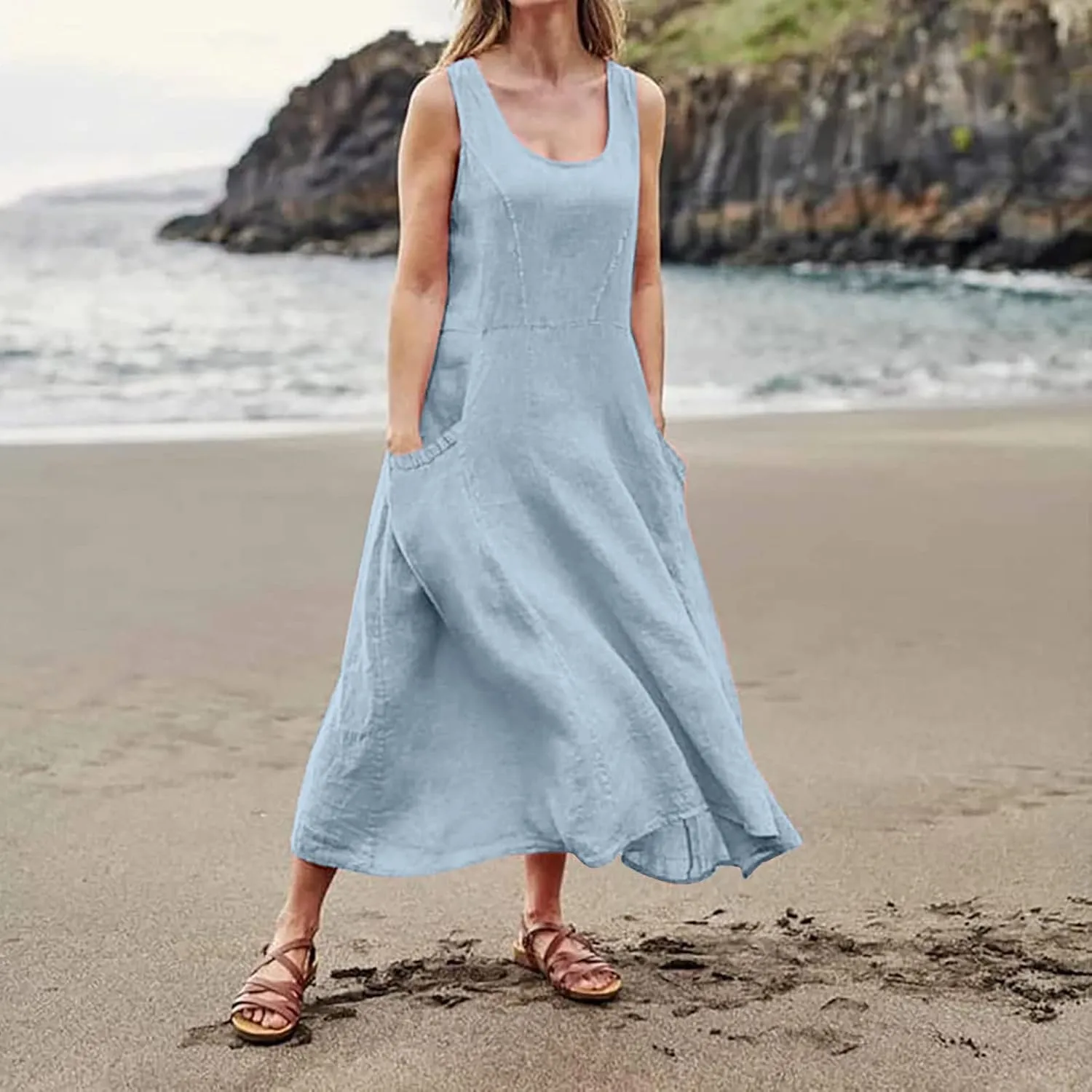 Womens Maxi Dresses Summer Casual Print Boho Cotton Linen Sundress with Pockets Loose Flowy Swing Vacation Long Dress