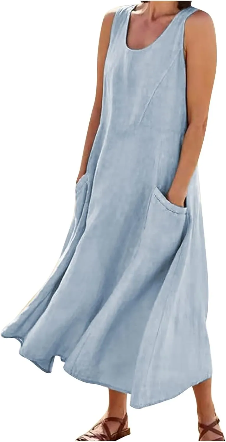 Womens Maxi Dresses Summer Casual Print Boho Cotton Linen Sundress with Pockets Loose Flowy Swing Vacation Long Dress