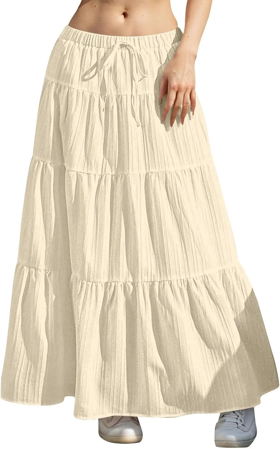 Women's Maxi Skirt Drawstring Elastic Waist Tiered Long Flowy Skirts Summer Vacation A-Line Pleated Skirts