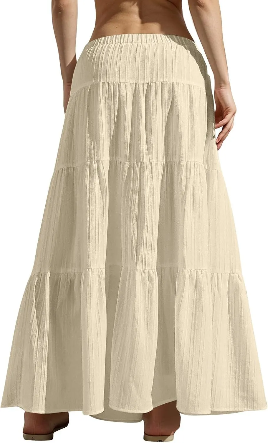Women's Maxi Skirt Drawstring Elastic Waist Tiered Long Flowy Skirts Summer Vacation A-Line Pleated Skirts