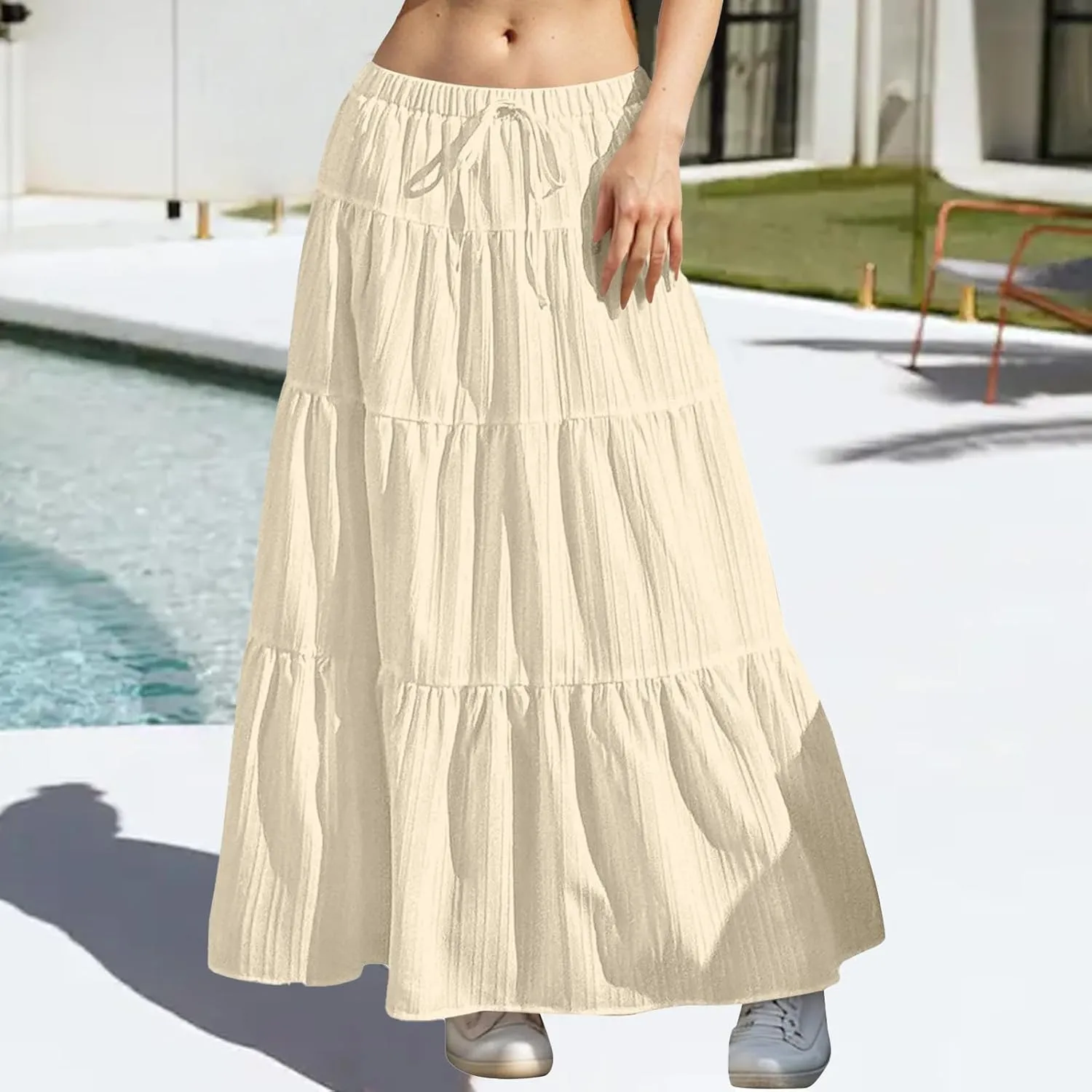 Women's Maxi Skirt Drawstring Elastic Waist Tiered Long Flowy Skirts Summer Vacation A-Line Pleated Skirts