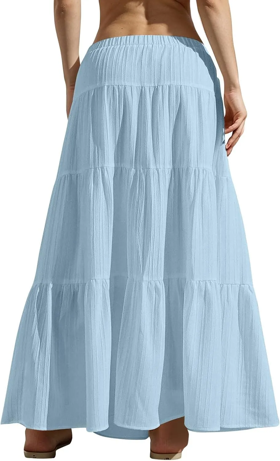 Women's Maxi Skirt Drawstring Elastic Waist Tiered Long Flowy Skirts Summer Vacation A-Line Pleated Skirts