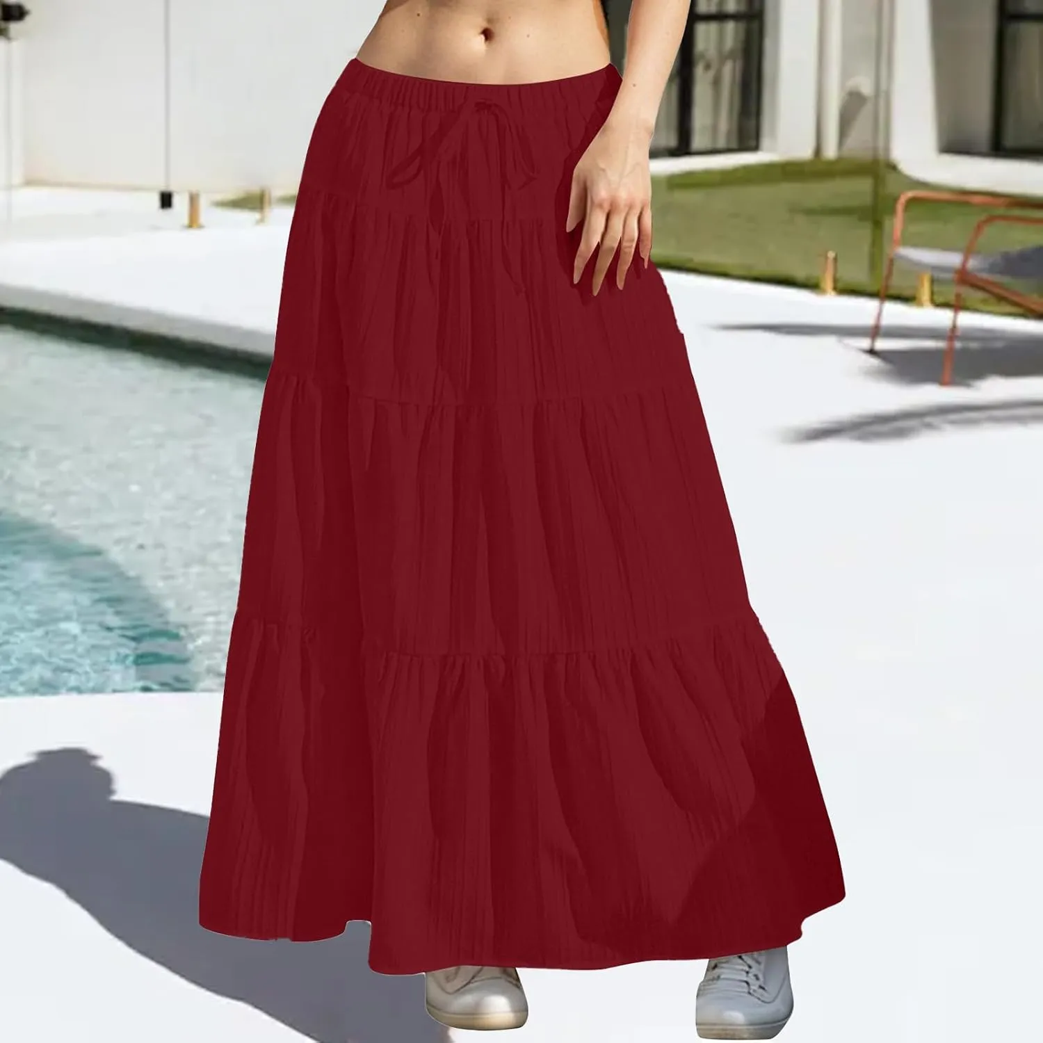 Women's Maxi Skirt Drawstring Elastic Waist Tiered Long Flowy Skirts Summer Vacation A-Line Pleated Skirts