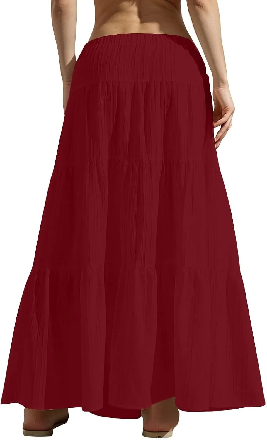 Women's Maxi Skirt Drawstring Elastic Waist Tiered Long Flowy Skirts Summer Vacation A-Line Pleated Skirts