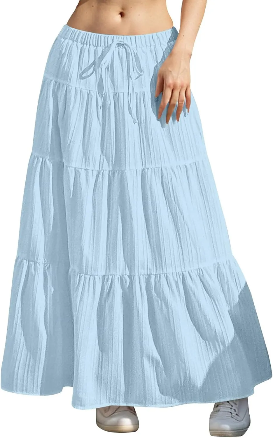 Women's Maxi Skirt Drawstring Elastic Waist Tiered Long Flowy Skirts Summer Vacation A-Line Pleated Skirts