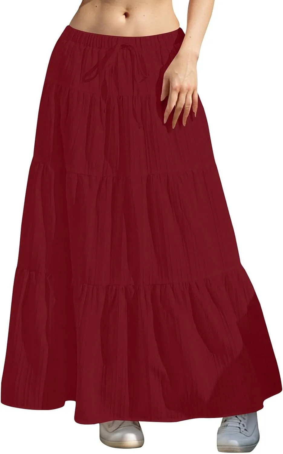 Women's Maxi Skirt Drawstring Elastic Waist Tiered Long Flowy Skirts Summer Vacation A-Line Pleated Skirts