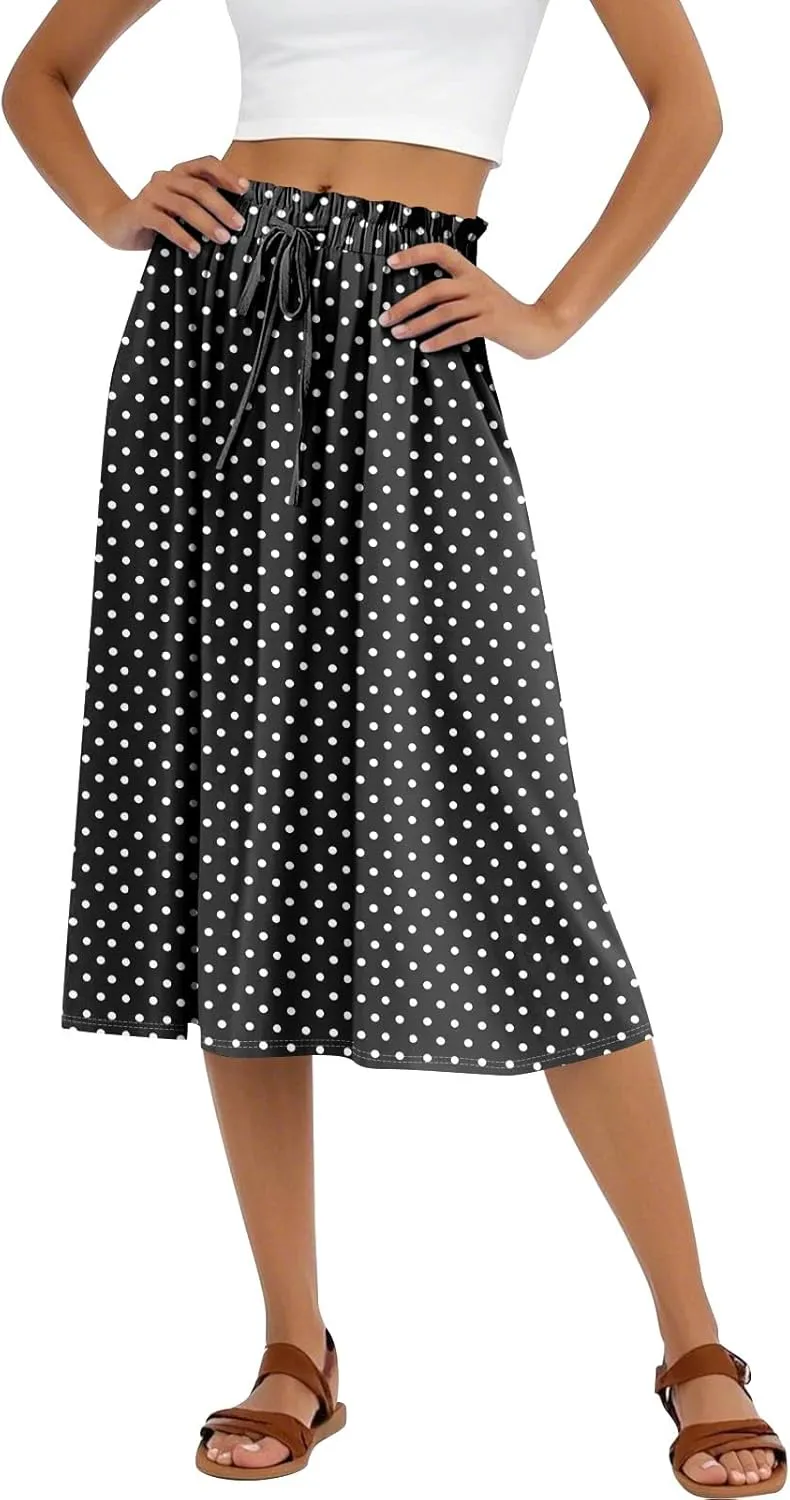 Women's Midi Boho Floral Skirts Trendy A Line Skirt Drawstring High Elastic Waist Comfy Flowy Skorts
