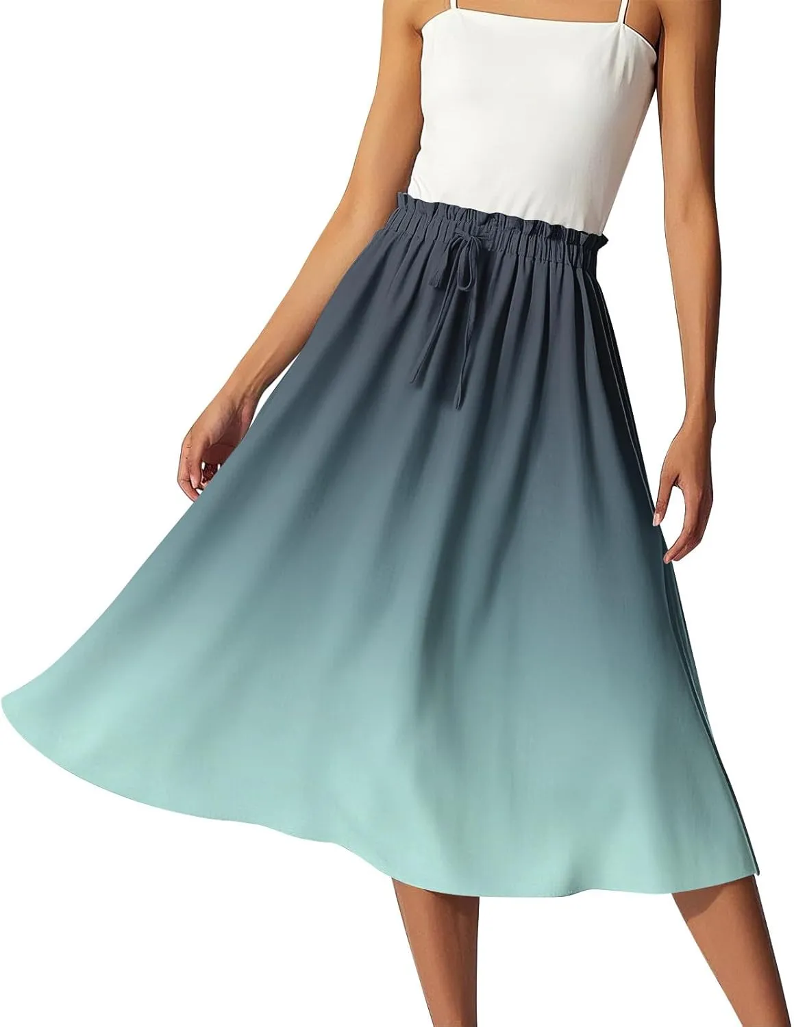 Women's Midi Boho Floral Skirts Trendy A Line Skirt Drawstring High Elastic Waist Comfy Flowy Skorts