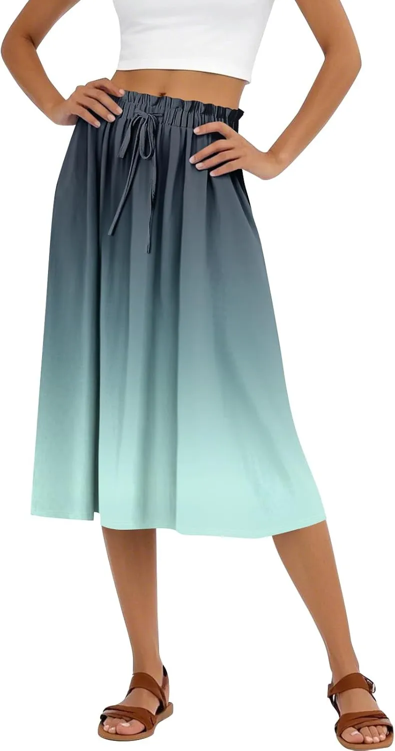 Women's Midi Boho Floral Skirts Trendy A Line Skirt Drawstring High Elastic Waist Comfy Flowy Skorts