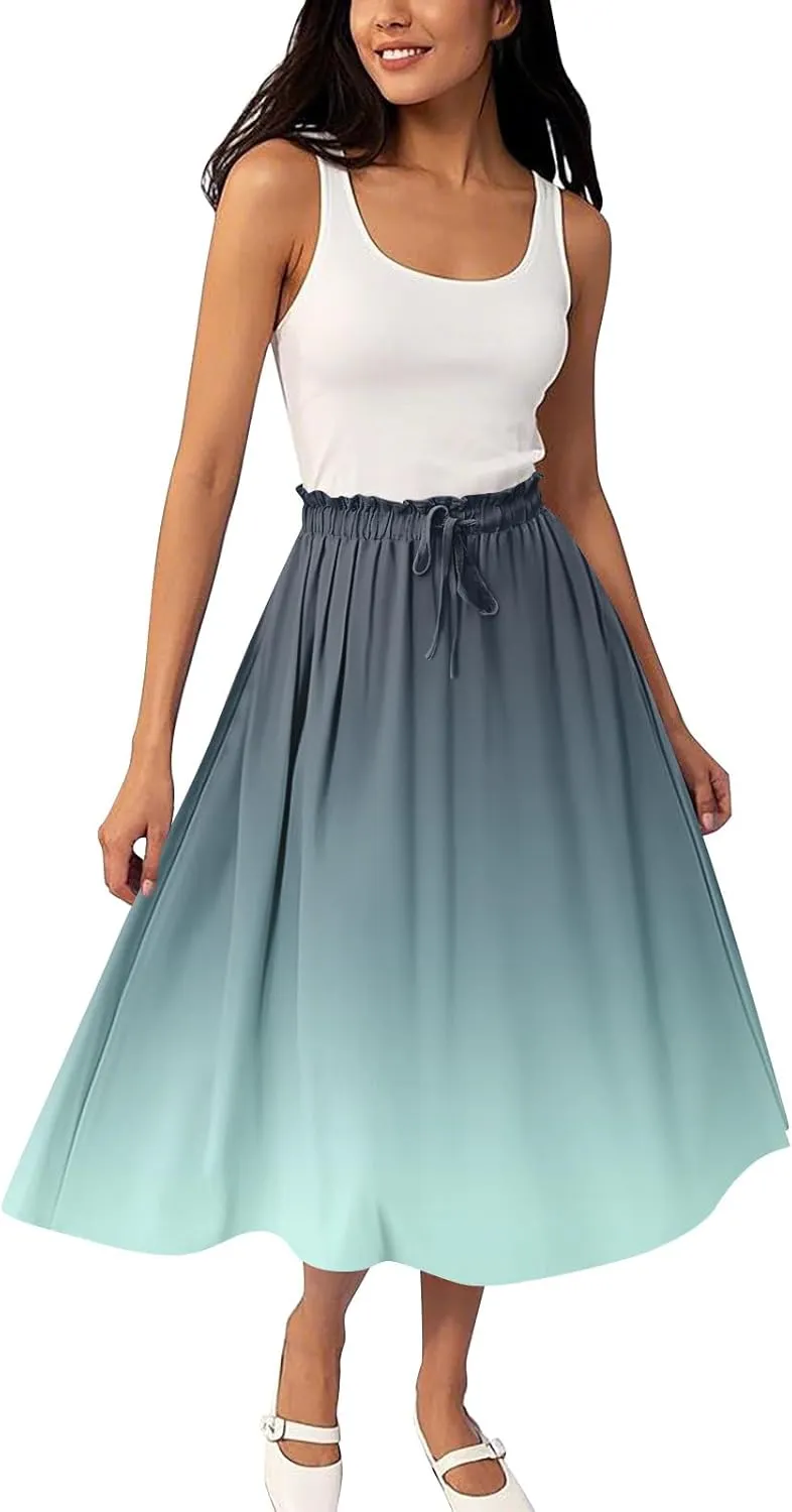 Women's Midi Boho Floral Skirts Trendy A Line Skirt Drawstring High Elastic Waist Comfy Flowy Skorts