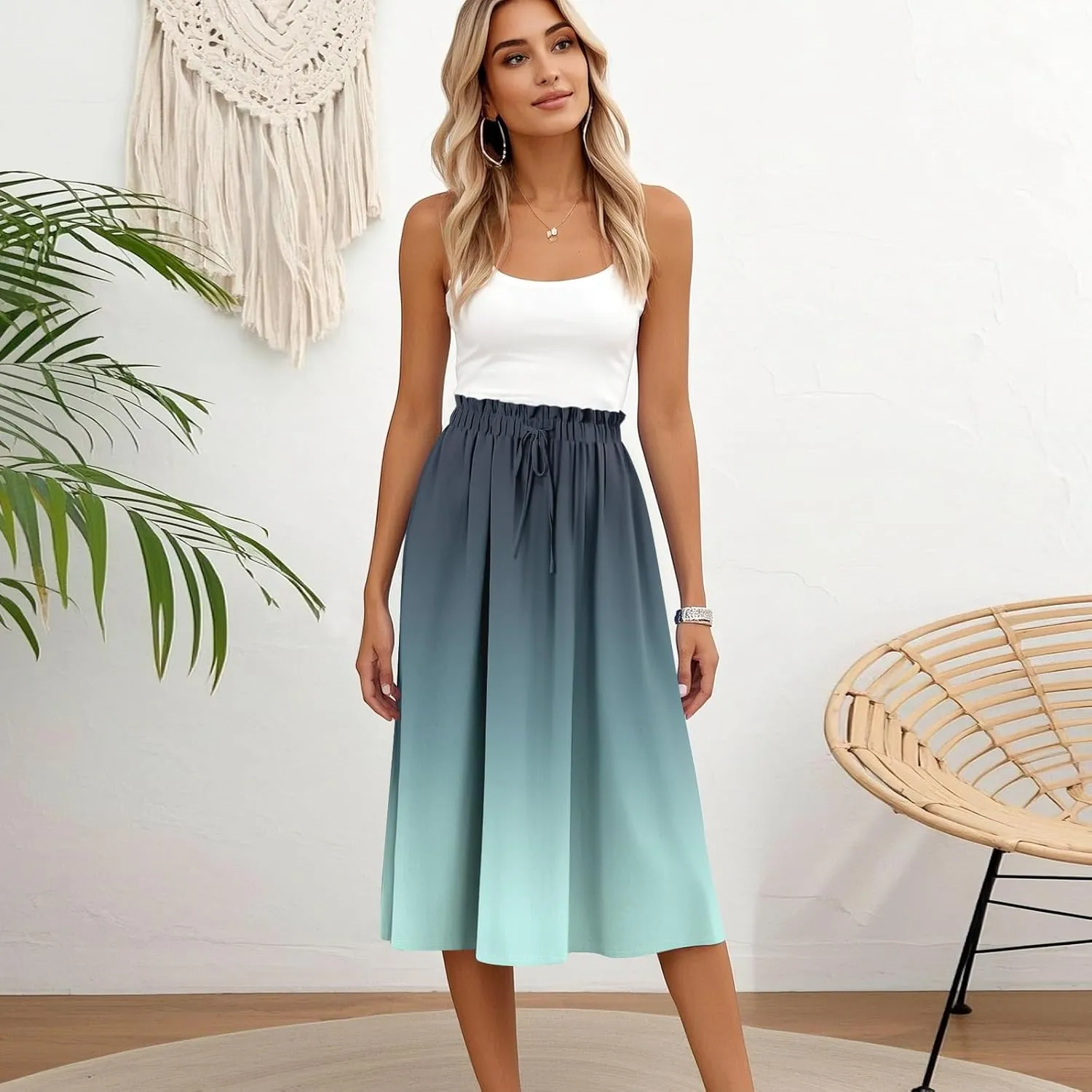 Women's Midi Boho Floral Skirts Trendy A Line Skirt Drawstring High Elastic Waist Comfy Flowy Skorts