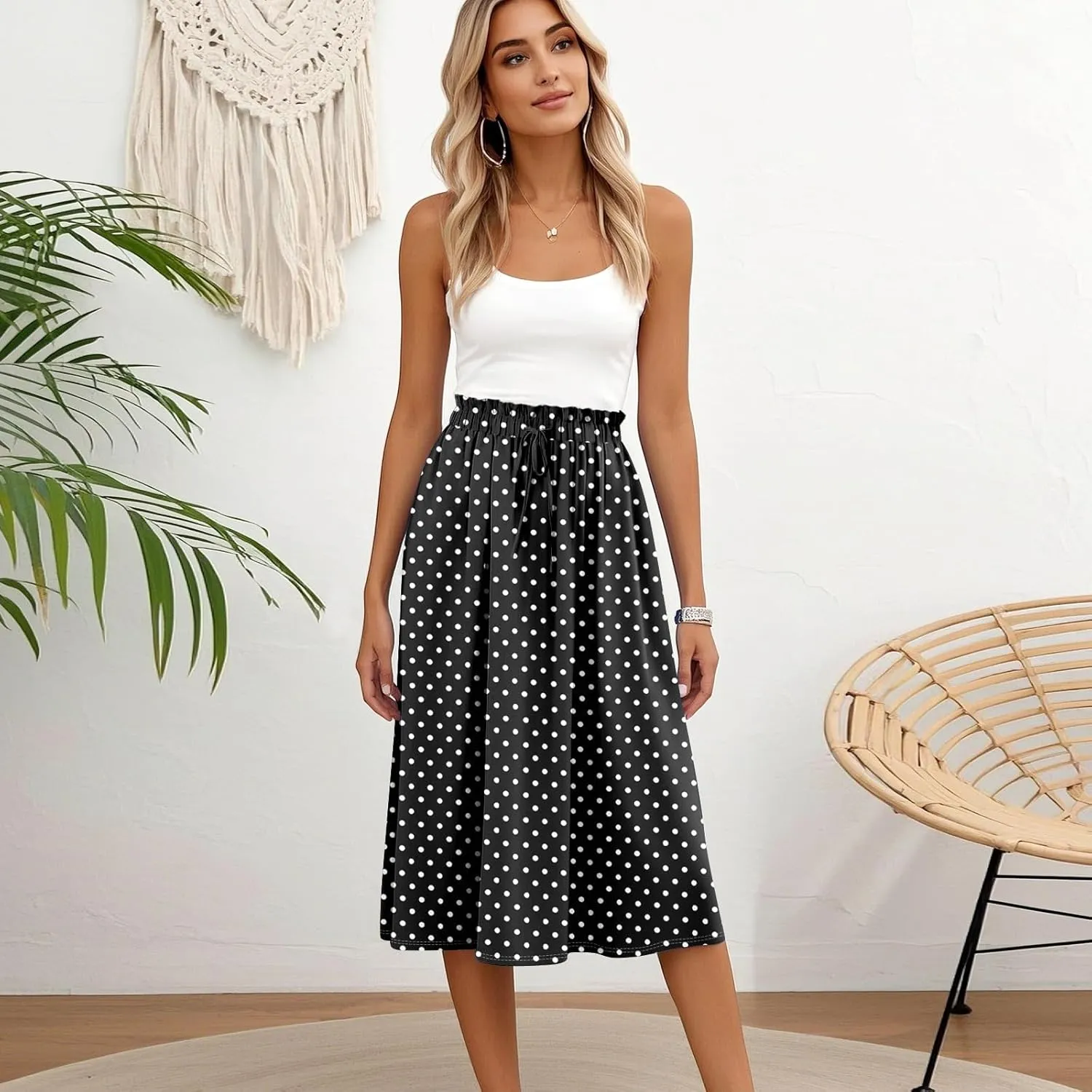 Women's Midi Boho Floral Skirts Trendy A Line Skirt Drawstring High Elastic Waist Comfy Flowy Skorts