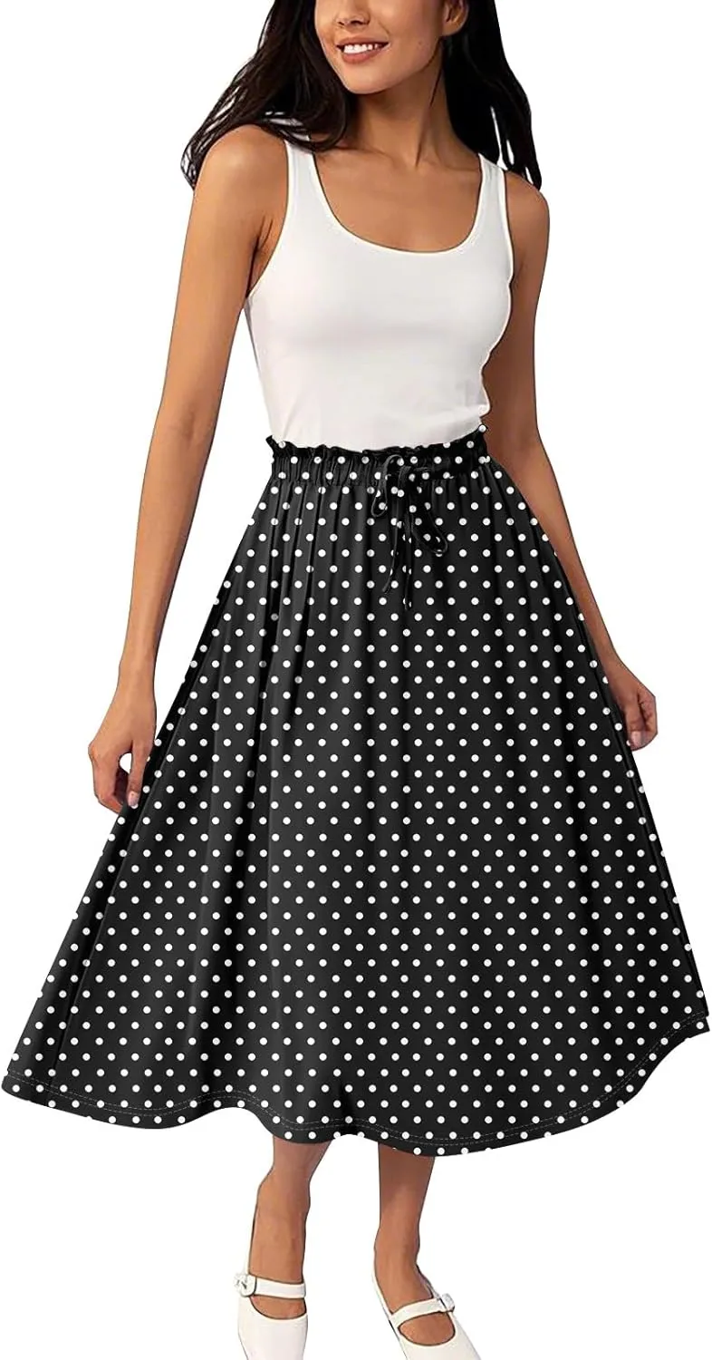 Women's Midi Boho Floral Skirts Trendy A Line Skirt Drawstring High Elastic Waist Comfy Flowy Skorts