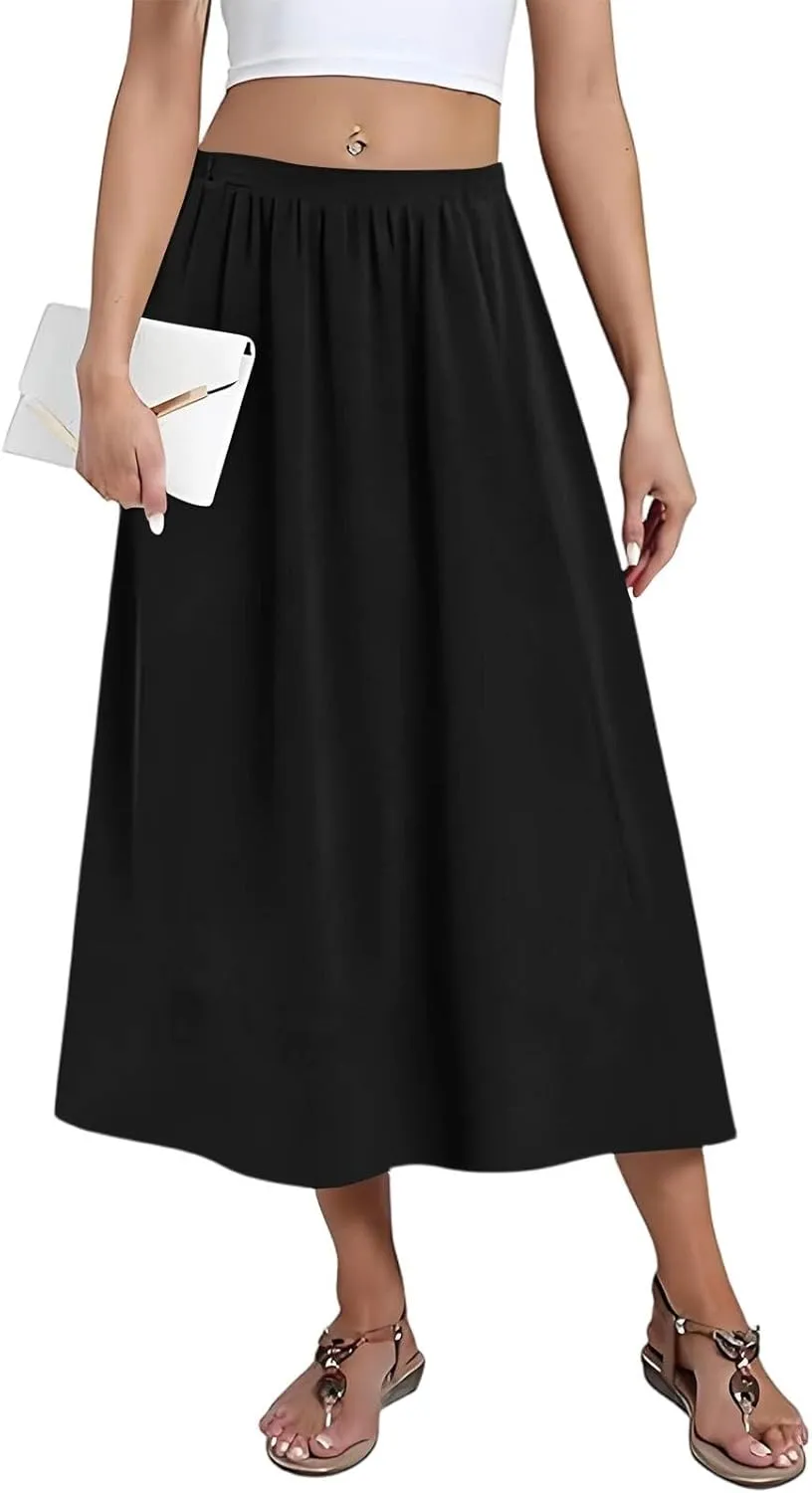 Women's Midi Boho Floral Skirts Trendy High Elastic Waist A Line Skirt Comfy Flowy Skorts with Pockets