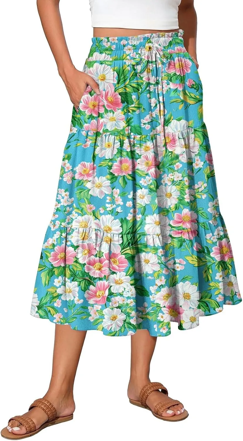 Women's Midi Boho Floral Tiered Skirts Trendy Drawstring High Elastic Waist A Line Skirt Comfy Flowy Skorts with Pockets