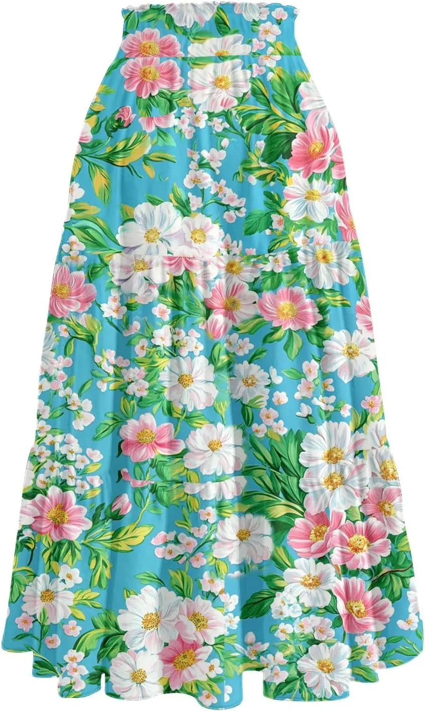 Women's Midi Boho Floral Tiered Skirts Trendy Drawstring High Elastic Waist A Line Skirt Comfy Flowy Skorts with Pockets