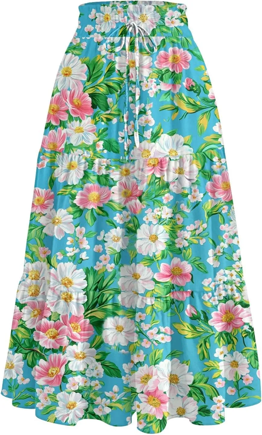 Women's Midi Boho Floral Tiered Skirts Trendy Drawstring High Elastic Waist A Line Skirt Comfy Flowy Skorts with Pockets