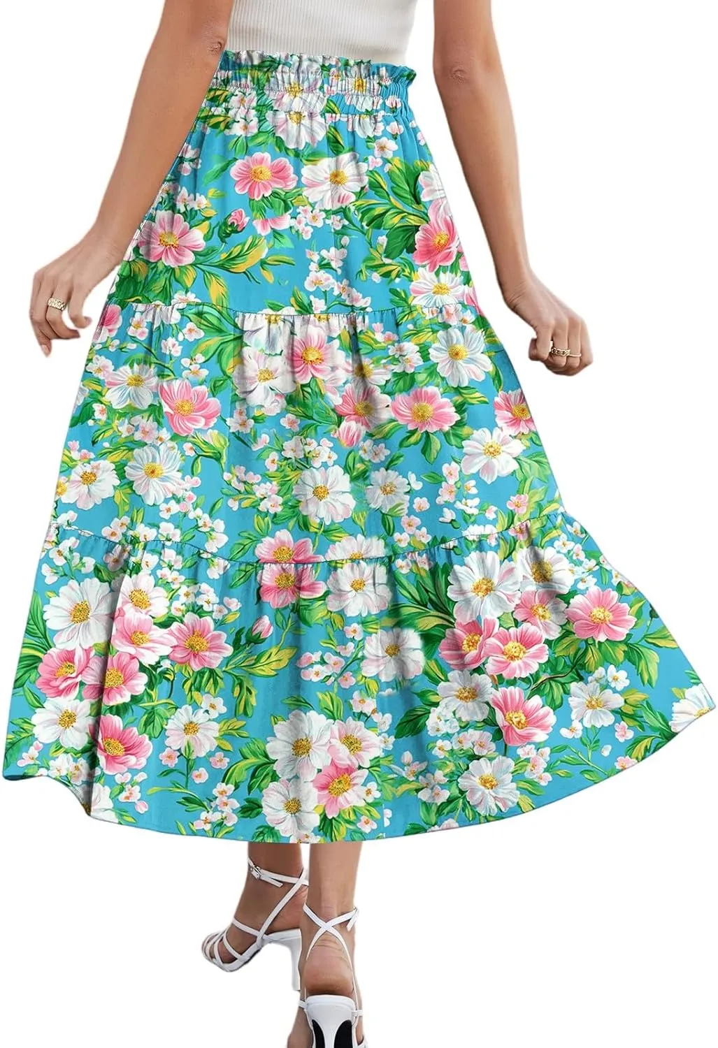 Women's Midi Boho Floral Tiered Skirts Trendy Drawstring High Elastic Waist A Line Skirt Comfy Flowy Skorts with Pockets