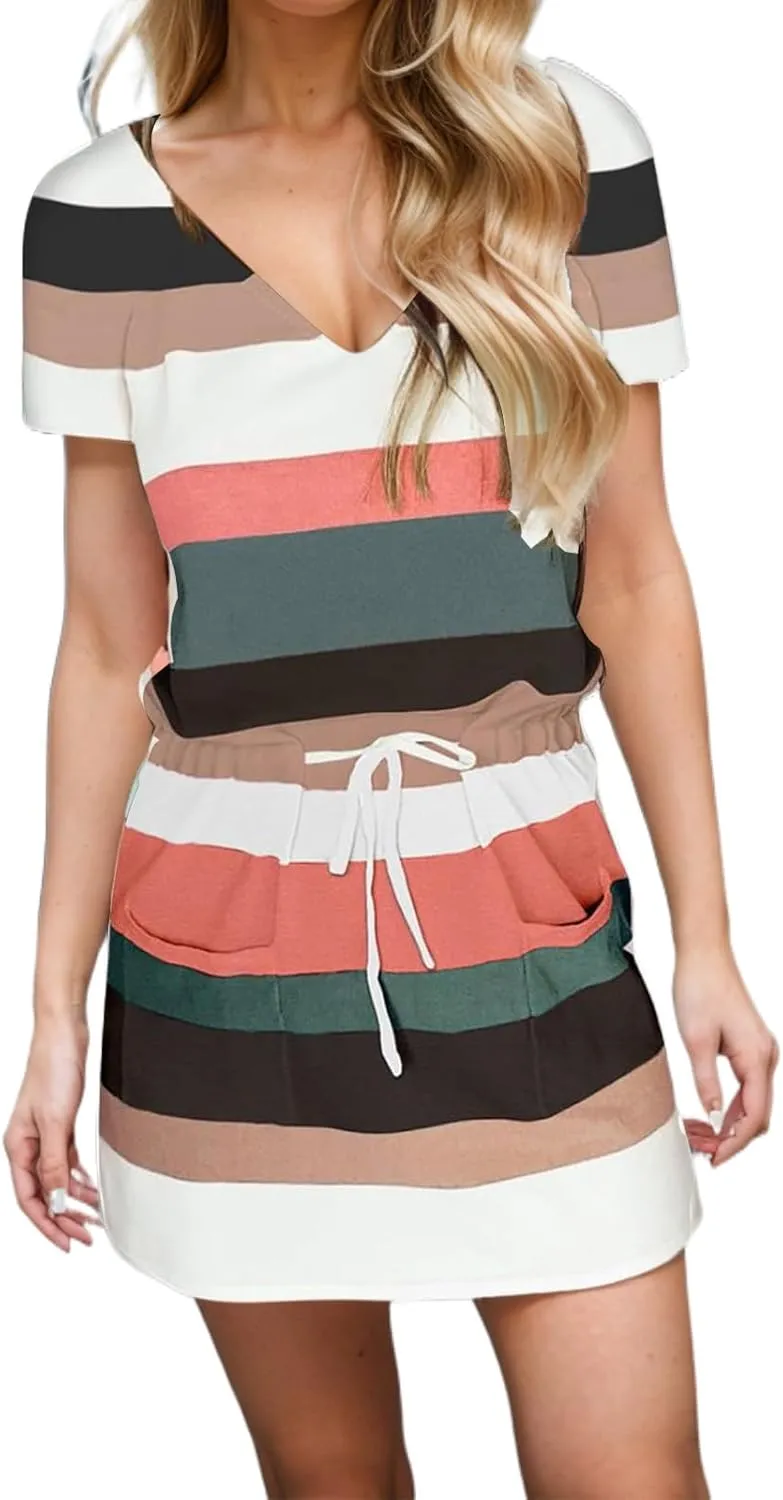 Women's Mini Dresses Summer Short Sleeve V Neck Tops Dress Elastic Waist Drawstring Dress Casual Striped Dresses