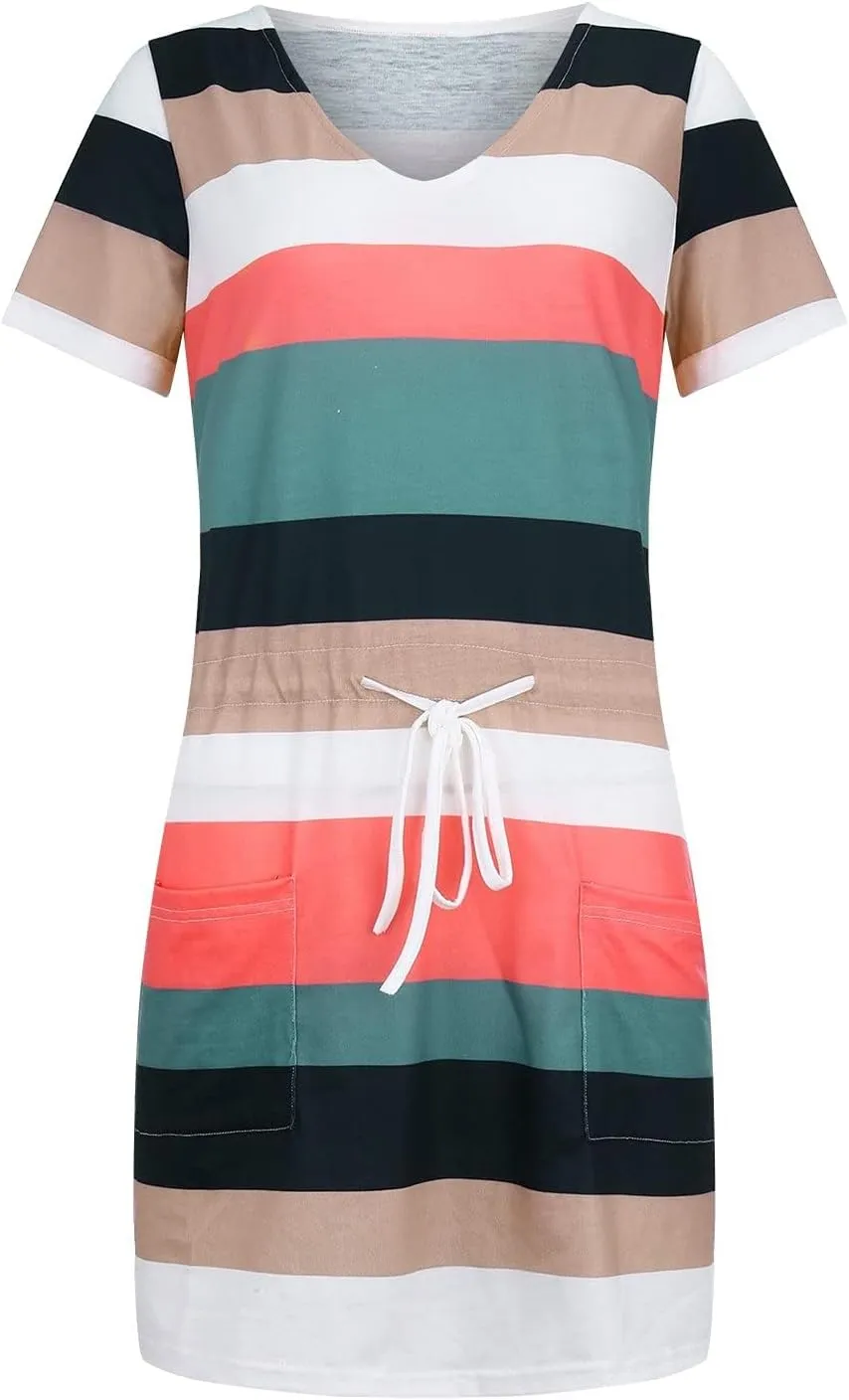 Women's Mini Dresses Summer Short Sleeve V Neck Tops Dress Elastic Waist Drawstring Dress Casual Striped Dresses
