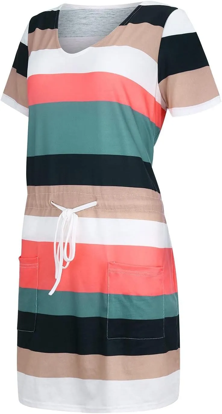 Women's Mini Dresses Summer Short Sleeve V Neck Tops Dress Elastic Waist Drawstring Dress Casual Striped Dresses