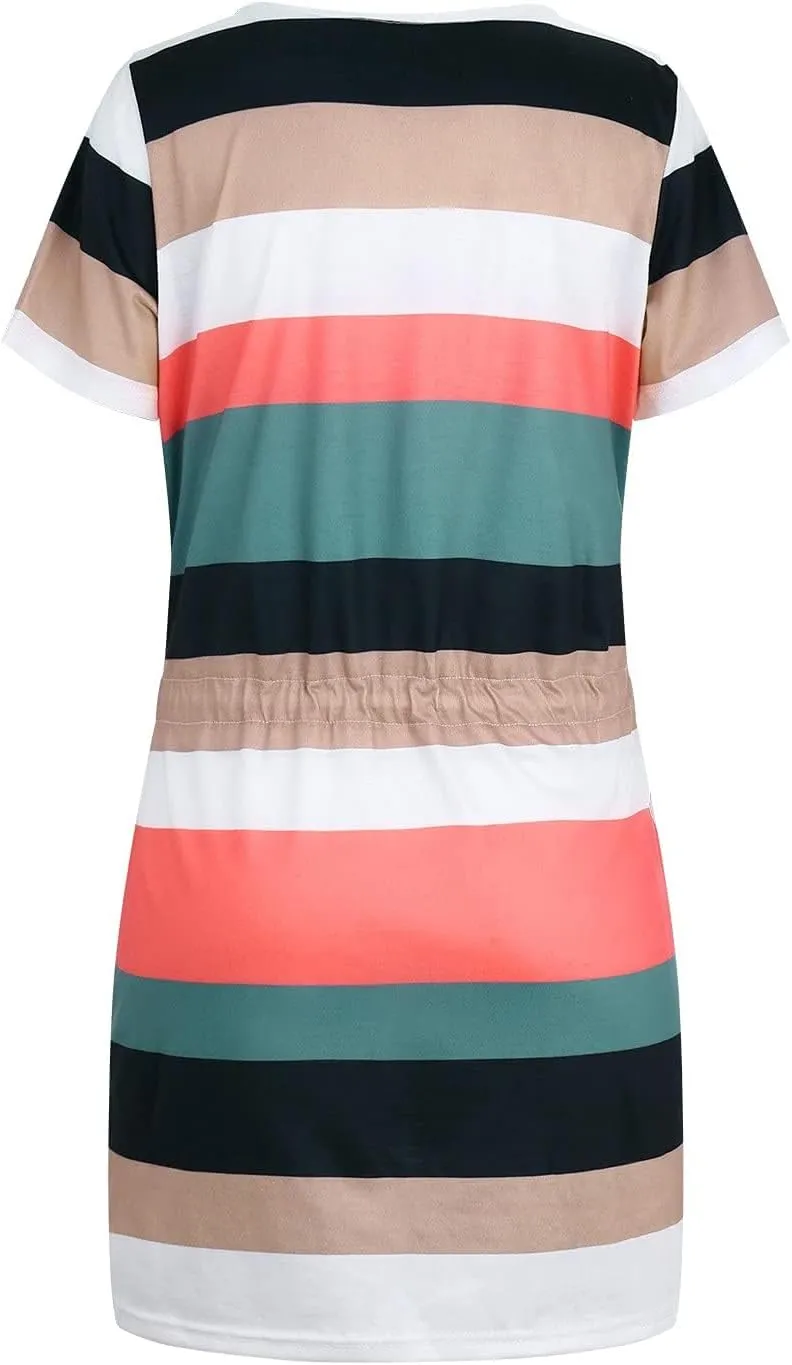 Women's Mini Dresses Summer Short Sleeve V Neck Tops Dress Elastic Waist Drawstring Dress Casual Striped Dresses