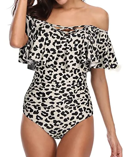Women's Off Shoulder One Piece Swimsuits Tummy Control Bathing Suits-Leopard