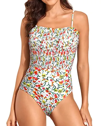 Womens One Piece Bandeau Swimsuit Slimming Twist Front Swimwear-White Floral